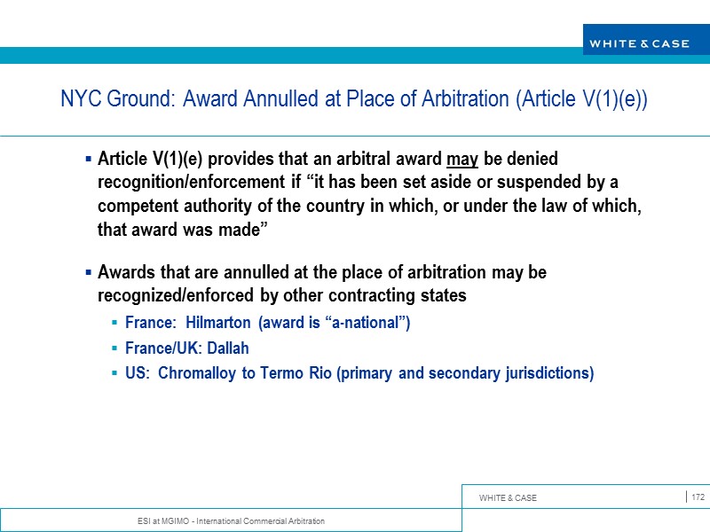 ESI at MGIMO - International Commercial Arbitration 172 NYC Ground: Award Annulled at Place